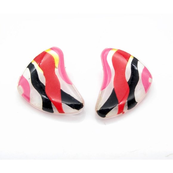 Retro Fab Lucite Striped Earrings, Clear Vintage Studs with Hot Pink and Black - Picture 2 of 4